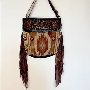 Tooled Leather Western Fringe Aztec Patterned Purse